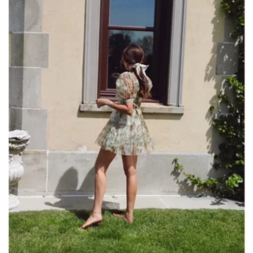 Danielle Bernstein Printed Organze, Puff sleeves,
